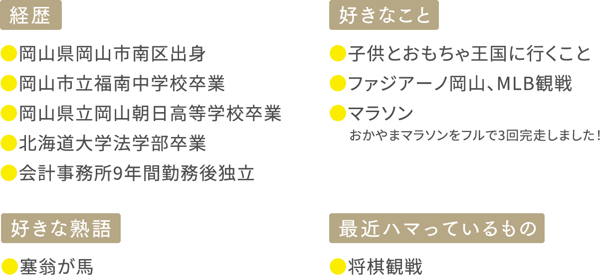 経歴/岡山県岡山市南区出身/岡山市立福南中学校卒業/岡山県立岡山朝日高等学校卒業/北海道大学法学部卒業/会計事務所9年間勤務後独立/_好きなこと/●子供とおもちゃ王国に行くこと/ファジアーノ岡山、MLB観戦/マラソン/おかやまマラソンをフルで3回完走しました！/_好きな熟語/塞翁が馬/_最近ハマっているもの/将棋観戦